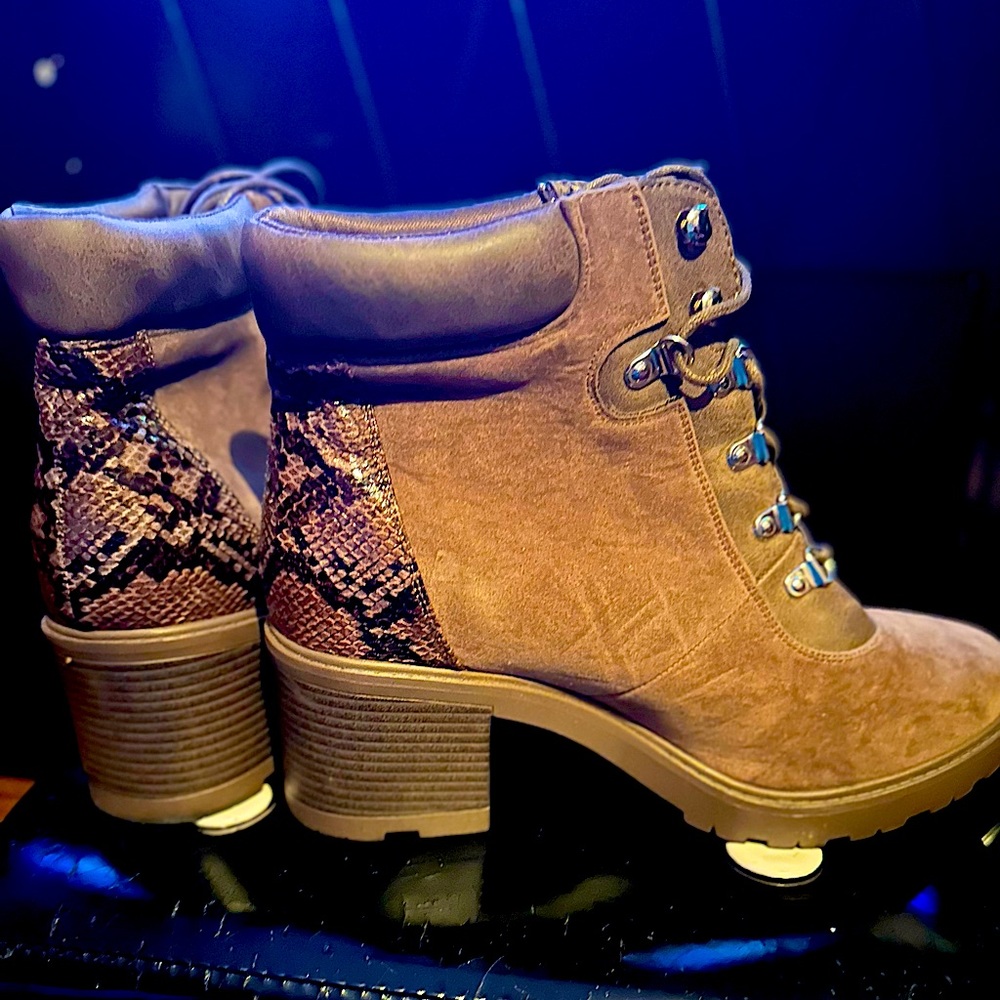Tan boots with snakeskin accent heel.. only worn 2 times